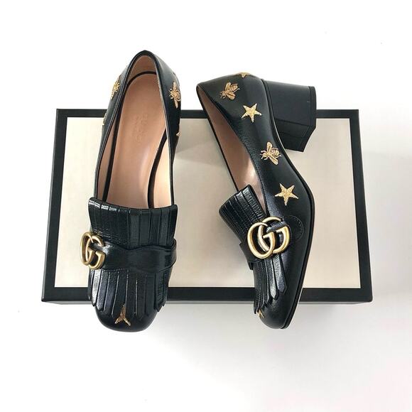 Gucci GG Marmont Fringe Quentin Bee Embroidered Platform Heeled Loafers Pumps 37 - Picture 1 of 9